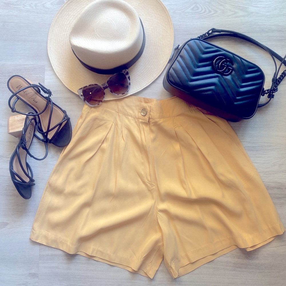 Vintage 80’s Chic Mustard Yellow Rayon Tailored Culotte Bermuda Style Shorts